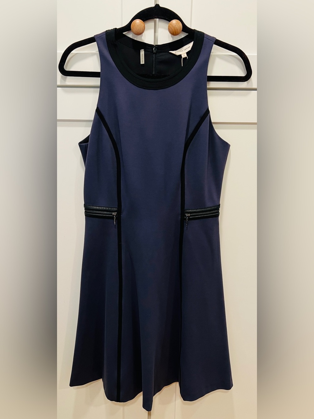 REBECCA TAYLOR FAUX LEATHER TRIM PONTE FIT & FLARE DRESS, SIZE 6, NWT.